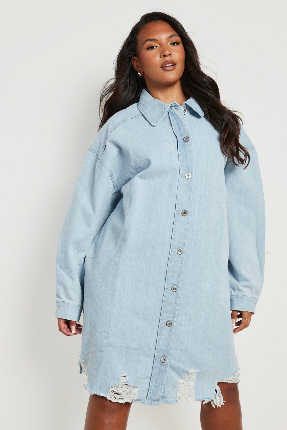 Plus Denim Distressed Shirt Dress boohoo